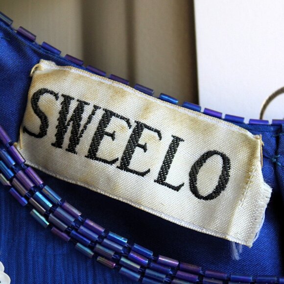 Vintage Swee Lo Dress Women's Medium Cobalt Blue Beaded Sequins Silk Shoulder Pa - Picture 5 of 10